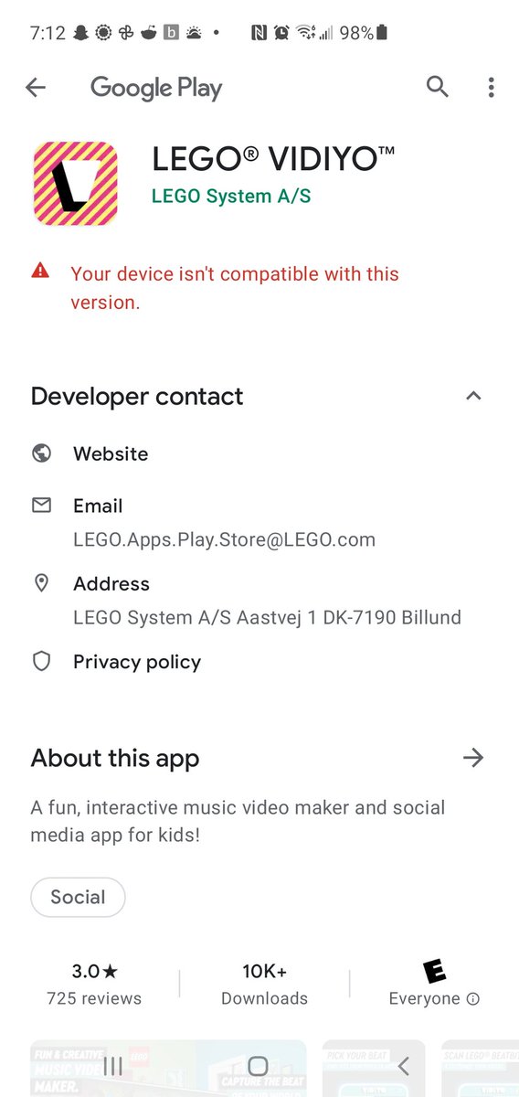 SammMoney's tweet photo. @LEGO_Group Well according to that web page, I have checked my phone and it meets all the requirements.  Yet I see this when I try to download the app. https://t.co/XrvDrUNIVm