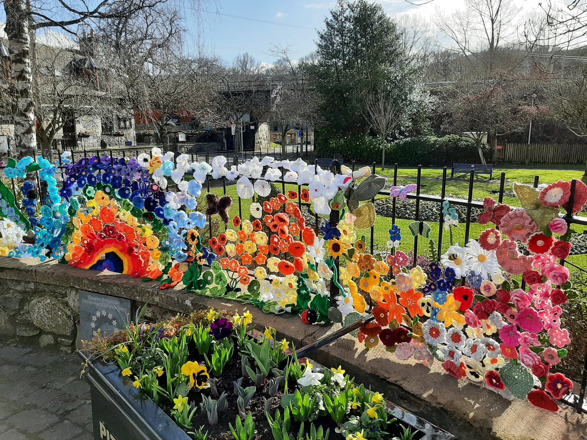 JudithDingwall's tweet photo. Yarnbombing Pitlochry style. We have an outdoor art gallery marking one year since lockdown to bring joy and cheer to locals. Community helping Community.  #pitlochry #yarnbomb #springflowers #pitlochryinbloom #spring #lockdownlife #oneyearon #community #communitysupportgroup https://t.co/elfEkpit7G