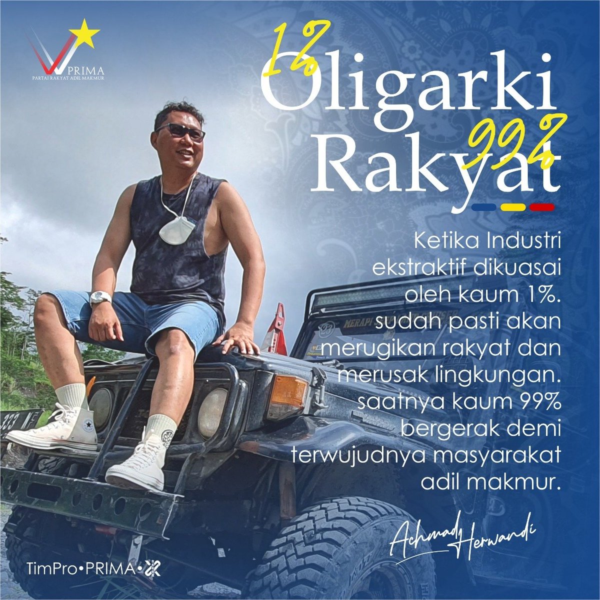 Membangun kekuatan baru dengan 99% rakyat untuk bergerak bersama dalam mewujudkan masyarakat Adil Makmur
#indonesiaPrima
#PartaiRakyatAdilMakmur