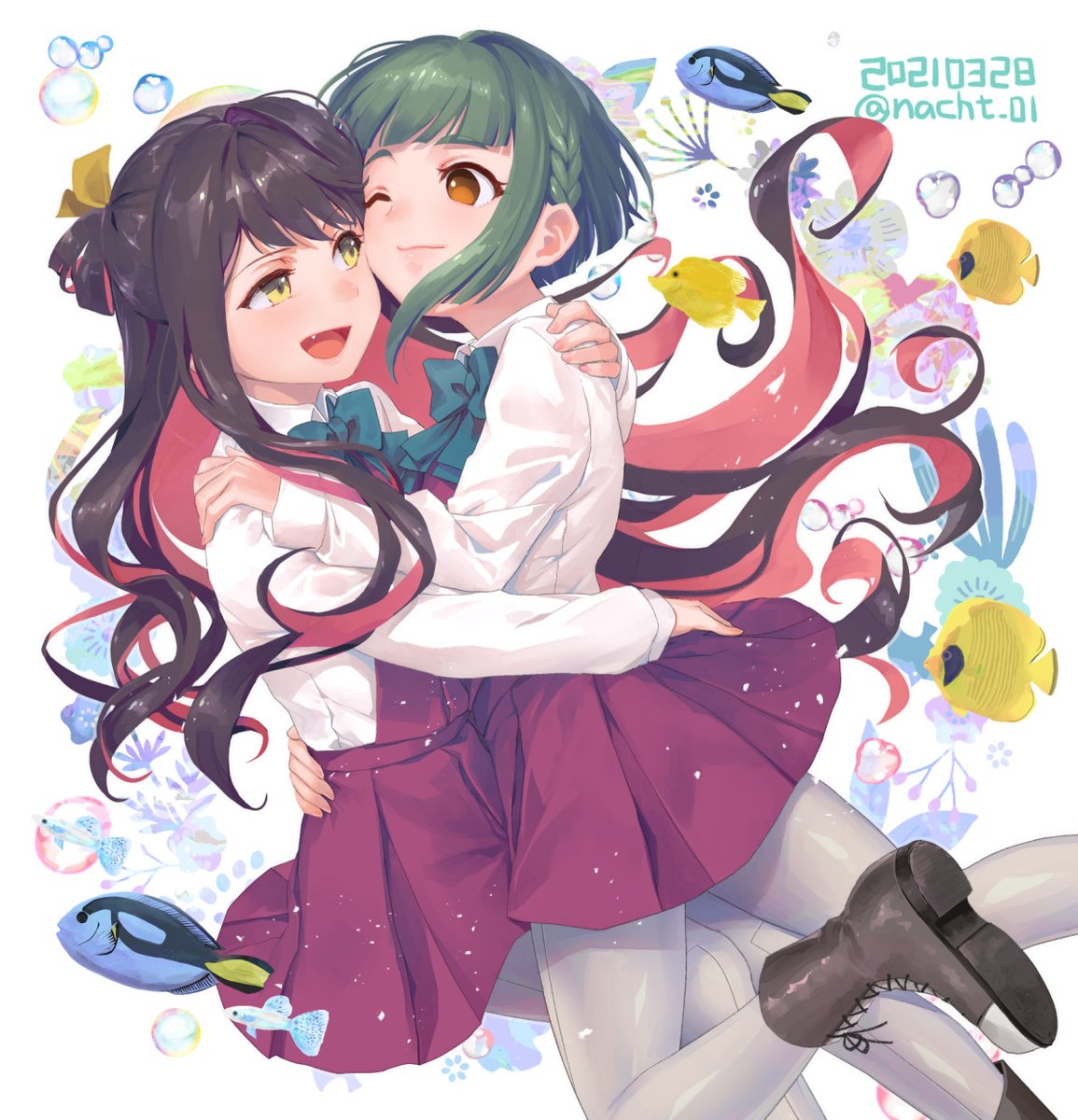 naganami (kancolle) ,takanami (kancolle) multiple girls 2girls green hair pink hair long hair one eye closed black hair  illustration images