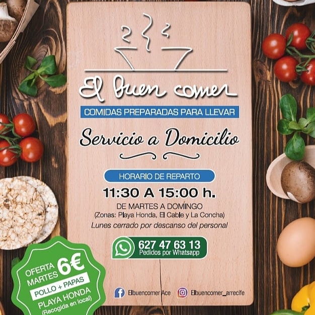 Buen domingo, seguimos avisando a nuestros clientes que ya está activo nuestro servicio a domicilio. O ven a nuestro local en Calle Princesa Ico 65 Playa Honda, y deleitate con nuestros platos diarios. Te esperamos o reserva en el 627476313 y/o 928823805. MUY PRONTO EN ARRECIFE