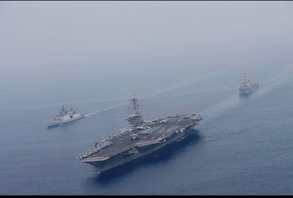 scribesoldier's tweet photo. Indian Navy (IN)-US Navy Passage Exercise(PASSEX)
Consolidating synergy & interoperability of #Malabar20 INS Shivalik wth its helicopter & IN's Maritime Patrol Ac P8I participtd in a PASSEX wth US Navy's #USSTheodore Rosevelt Carrier Strike Grp in Eastern #IOR + @NewIndianXpress https://t.co/c6N6weeryz
