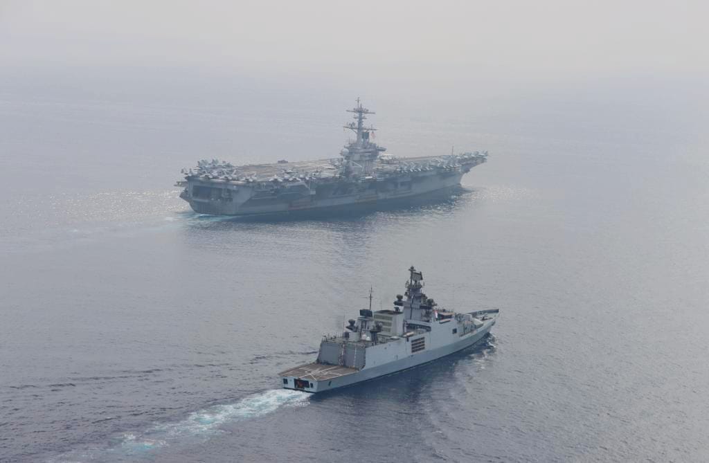 scribesoldier's tweet photo. Indian Navy (IN)-US Navy Passage Exercise(PASSEX)
Consolidating synergy & interoperability of #Malabar20 INS Shivalik wth its helicopter & IN's Maritime Patrol Ac P8I participtd in a PASSEX wth US Navy's #USSTheodore Rosevelt Carrier Strike Grp in Eastern #IOR + @NewIndianXpress https://t.co/c6N6weeryz