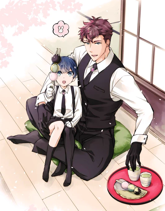 「刀剣乱舞の小豆長光」途中まで小豆さん単体の絵を描いていたけど何かしっくり来なくて謙信くんを添えてしまった(あとうさ団子もかわいいので添え)長船派のスーツできちんとしてる感やっぱり良き…桜綺さん教えてくださってありがとうございました! 