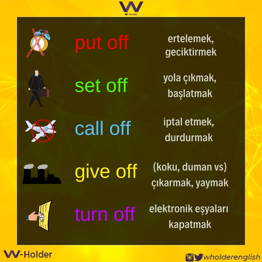 enthemanhattan's tweet photo. 🇺🇸5 common phrasal verbs with “off”
🇹🇷 “off” ile 5 yaygın öbek fiil
.
.
.
#englishdaily #phrasalverbs #englishturkish #learningenglish #ingilizceöğreniyorum #Wholder https://t.co/6VsMfs97av