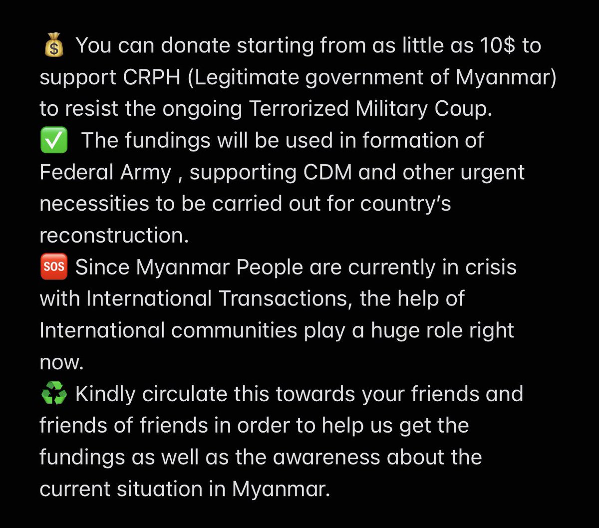 AllBankk's tweet photo. Dear International Friends, Many pro-democracy people in Myanmar r being Massacred Under Coup. We n our legal government #CRPH r trying so hard to eradicate Fascist Junta. You can support us by donating #CRPH to prevail Federal Democracy. Your help will be greatly appreciated! https://t.co/iSlNopwzFX