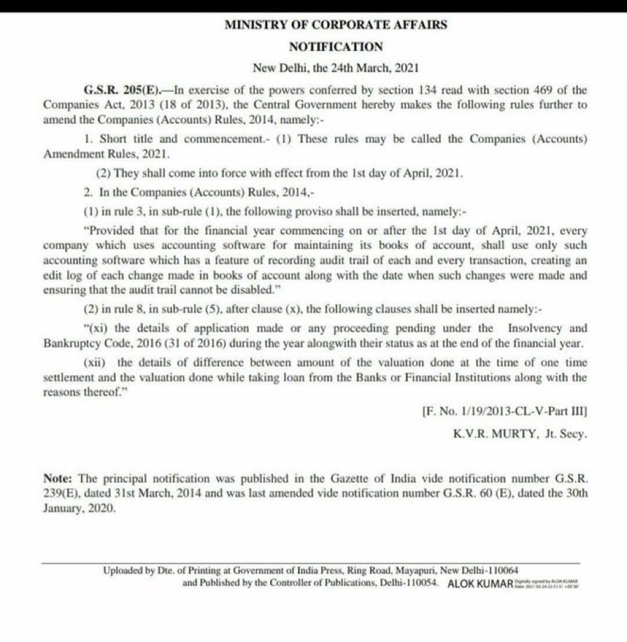 parththkr75's tweet photo. Mandatory use of Accounting Software having Audit Trail:
FY commencing on 01.04.2021 by every Company.
Close all things really ??
@FinMinIndia @nsitharamanoffc @PMOIndia https://t.co/C624kUpA21