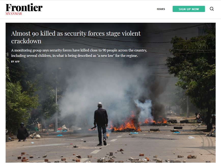Journotopia's tweet photo. Are you watching the horrifying events in Myanmar and wondering how to help? Subscribe to @Myanmar_Now_Eng or @FrontierMM or other brave local news outlets who are covering the military's atrocities. 

https://t.co/sjNf6HpIRR

https://t.co/8225cUWQEu

#WhatsHappeningInMyanmar https://t.co/Y3q1FlWR4B