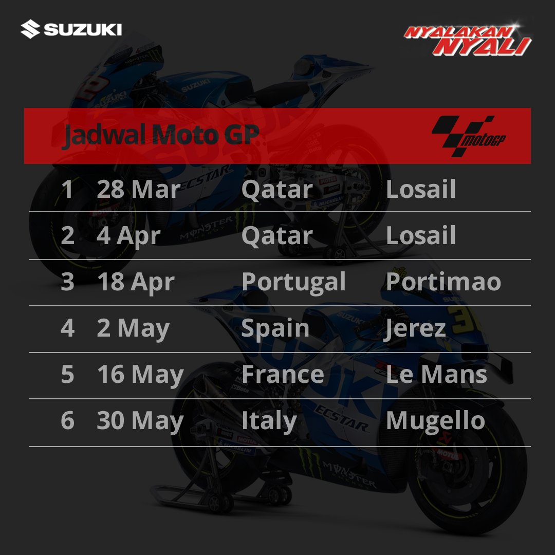 SuzukiMotorID's tweet photo. Pertandingan perdana @Rins42 dan @JoanMirOfficial di MotoGP musim 2021 nih, BradSis!

#Suzuki #SuzukiIndonesia #NyalakanNyali #AutoAwesome #MotoGP2021 #AlexRins #JoanMir #TeamSuzukiEcstar #GSXR150 https://t.co/kojl6Z4Qzf