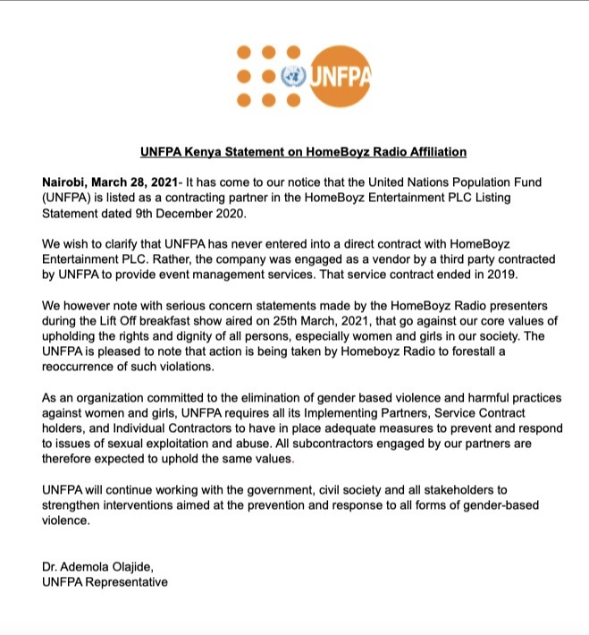 Response of @unfpaken to alleged association with Homeboyz radio #ZeroGBV #NoToRape.