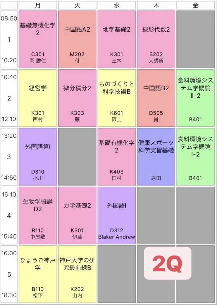 なこ 時間割について 私の1回生の1 2qの時間割はこんな感じでした 授業について気になることあれば気軽にdmへどうぞ 履修会では聞きたいこと一気に聞けるので履修ちょっと分からない って人はぜひ参加してみて下さい 春から神大 春から神戸 なこ 時間割について 私の1回生の1 2qの時間割はこんな感じでした 授業について気になることあれば気軽にdmへどうぞ 履修会では聞きたいこと一気に聞けるので履修ちょっと分からない って人はぜひ参加してみて下さい 春から神大 春から神戸
