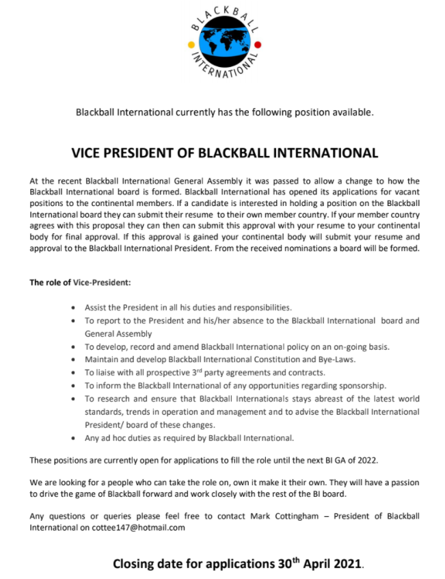 BBall_INTL's tweet photo. Blackball International.
Applications invited for the position of Vice President.
Contact Mark Cottingham, President of Blackball International at cottee147@hotmail.com
Closing date for applications 30th April 2021.
Link to Document: https://t.co/HgYv0L87TY
#blackballpool https://t.co/hCIZQLUj7p