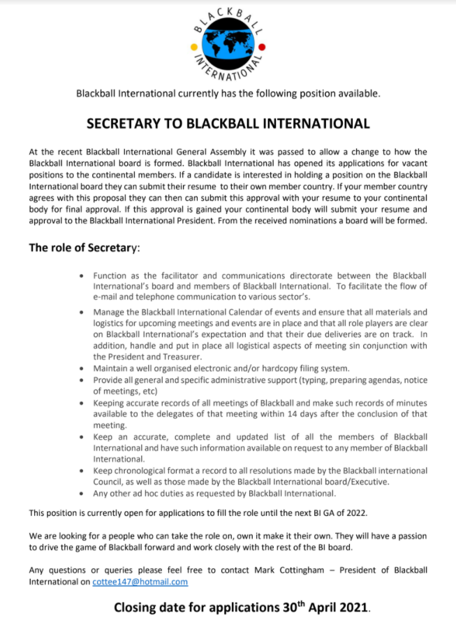 BBall_INTL's tweet photo. Blackball International.
Applications invited for the position of Secretary.
Contact Mark Cottingham, President of Blackball International at cottee147@hotmail.com
Closing date for applications 30th April 2021.
Link to Document: https://t.co/btVbkGc4y0
#blackballpool https://t.co/aNEsmaTdbN
