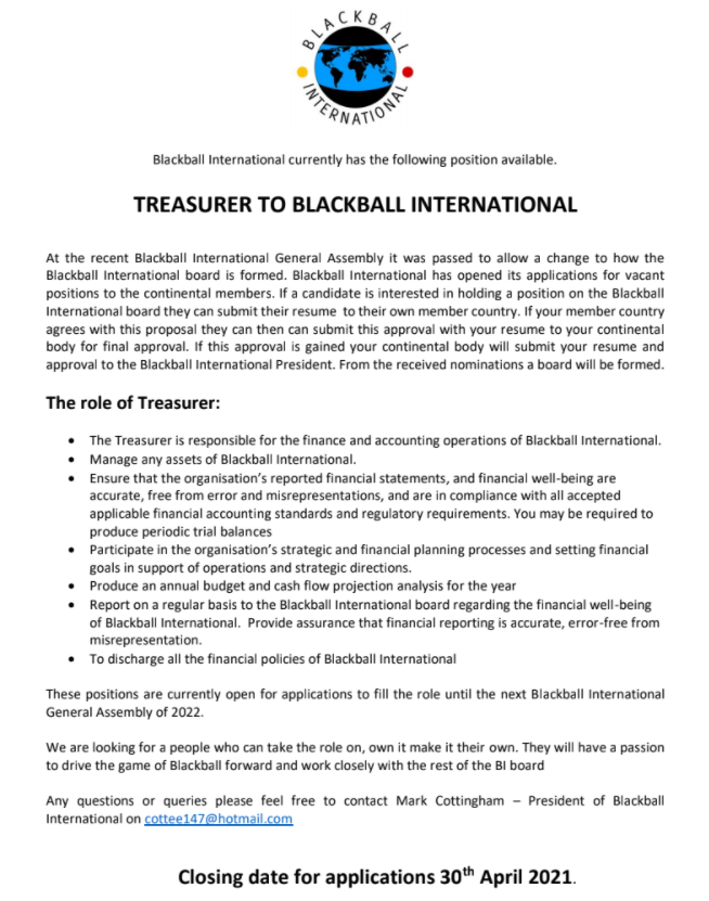 BBall_INTL's tweet photo. Blackball International.
Applications invited for the position of Treasurer.
Contact Mark Cottingham, President of Blackball International at cottee147@hotmail.com
Closing date for applications 30th April 2021.
Link to Document: https://t.co/t4bPUjwd8C
#blackballpool https://t.co/7eUJ8cwq1F