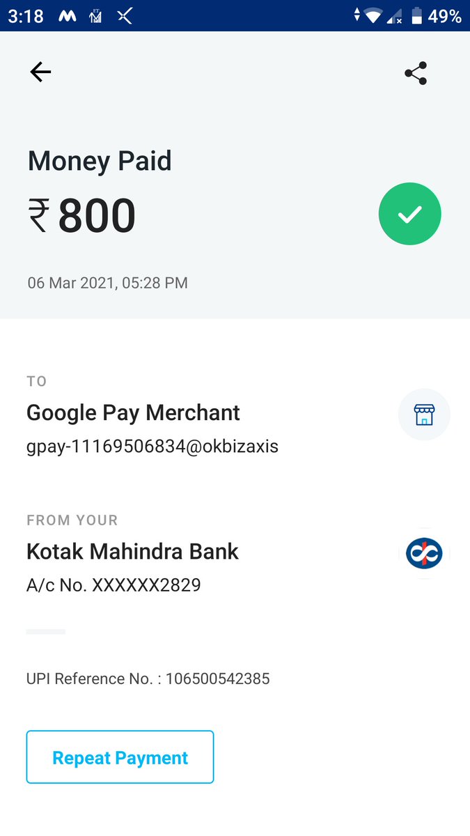 Sssshut_up's tweet photo. Paid 800 rs. To merchant through @Paytm by scanning @GooglePay QR code, 800 rs. Debited from my @KotakBankLtd but never reached to merchant. I don't know which one of them ate my money. https://t.co/Q5REsHFfil