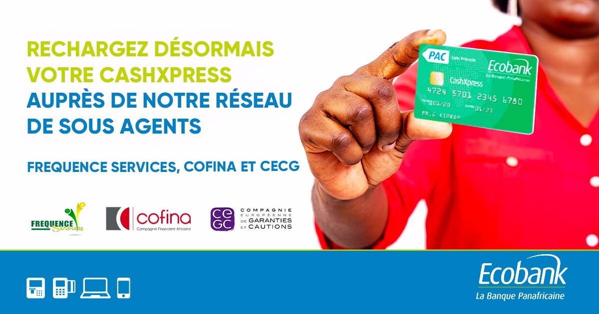 Bonne nouvelle!!!
Plus besoin de faire la queue dans nos agences pour recharger votre Visa Cash Xpress. Vous pouvez désormais la recharger chez nos partenaire Frequence Services,Cofina et CEGC.
#visacashxpress
#BanqueDigitale