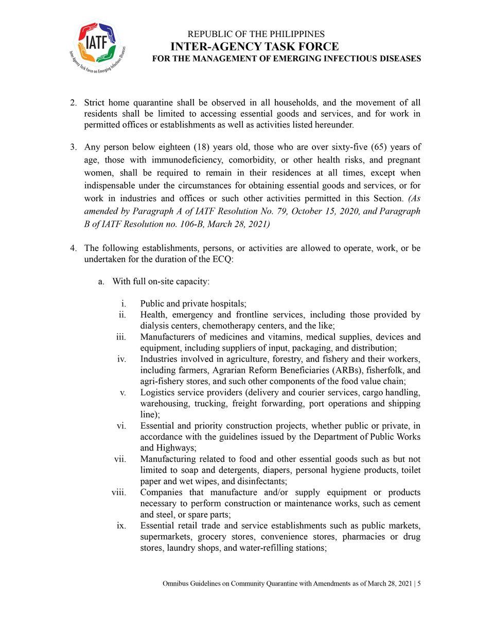 ntfcovid19ph's tweet image. [2/7] READ: Omnibus Guidelines on the Implementation of Community Quarantine in the Philippines with Amendments as of March 28, 2021 | From the Inter-Agency Task Force for the Management of Emerging Infectious Diseases (IATF EID).

#COVID19PH #WeHealAsOnePH