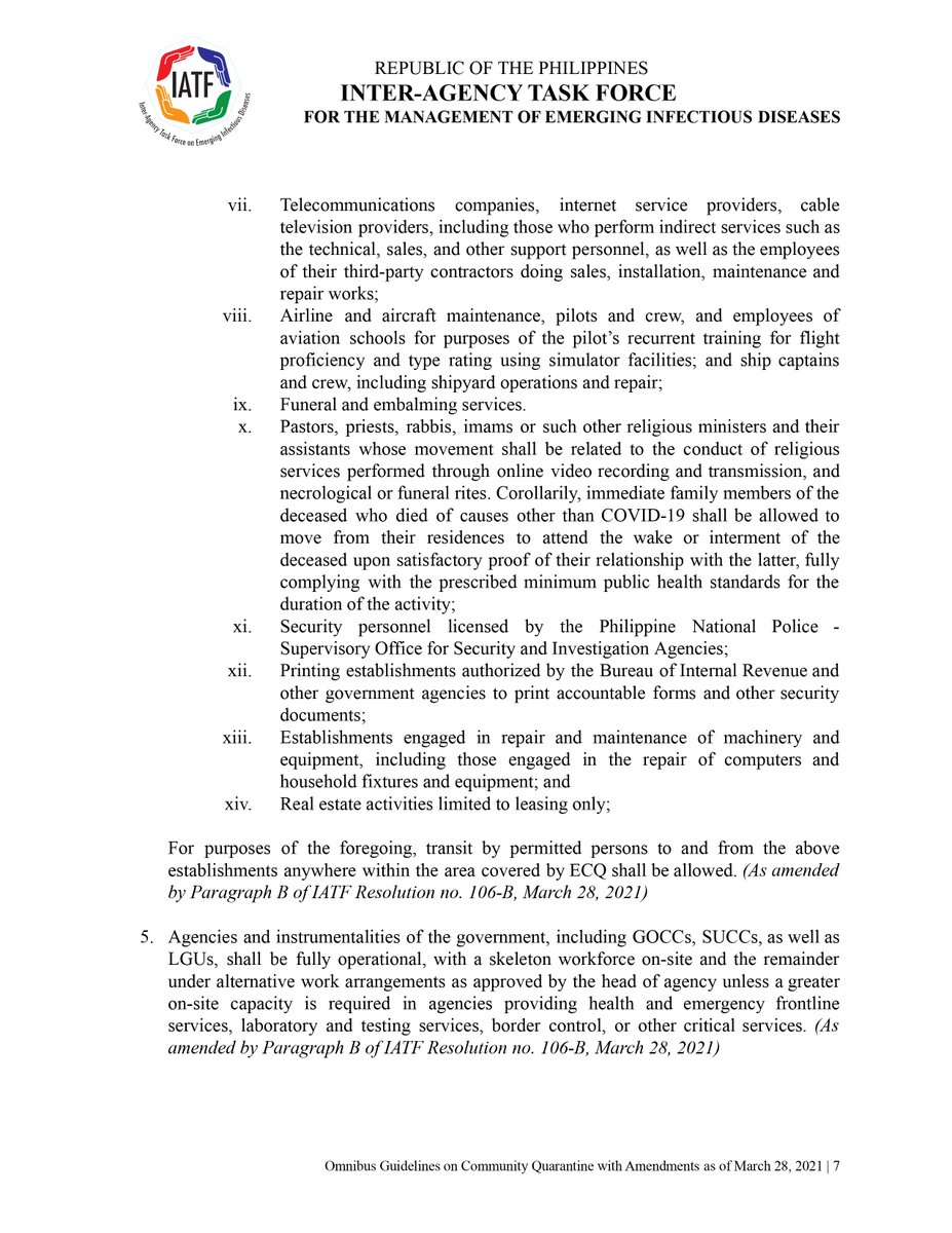 ntfcovid19ph's tweet image. [2/7] READ: Omnibus Guidelines on the Implementation of Community Quarantine in the Philippines with Amendments as of March 28, 2021 | From the Inter-Agency Task Force for the Management of Emerging Infectious Diseases (IATF EID).

#COVID19PH #WeHealAsOnePH