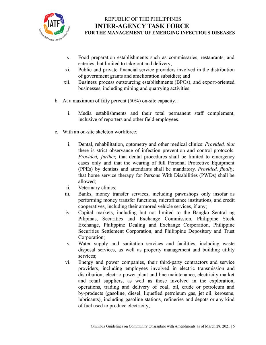 ntfcovid19ph's tweet image. [2/7] READ: Omnibus Guidelines on the Implementation of Community Quarantine in the Philippines with Amendments as of March 28, 2021 | From the Inter-Agency Task Force for the Management of Emerging Infectious Diseases (IATF EID).

#COVID19PH #WeHealAsOnePH
