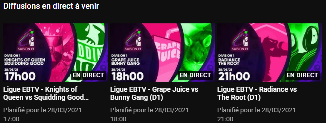 eSportBrosTV's tweet photo. 📢 Ce dimanche, c'est la D1 en direct ! 🦑🐙#LigueEBTV 

👉 17h : Knights of Queen vs Squidding Good
👉 18h : Grape Juice vs Bunny Gang
👉 21h : Radiance vs The Root

🎥Rendez-vous sur notre Youtube ⬇️
https://t.co/TxG374po3x https://t.co/BQYbE9EEhd