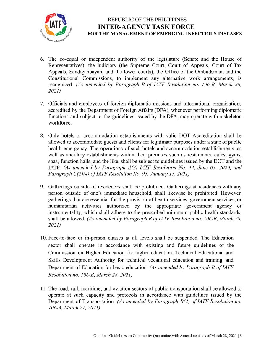 ntfcovid19ph's tweet image. [2/7] READ: Omnibus Guidelines on the Implementation of Community Quarantine in the Philippines with Amendments as of March 28, 2021 | From the Inter-Agency Task Force for the Management of Emerging Infectious Diseases (IATF EID).

#COVID19PH #WeHealAsOnePH