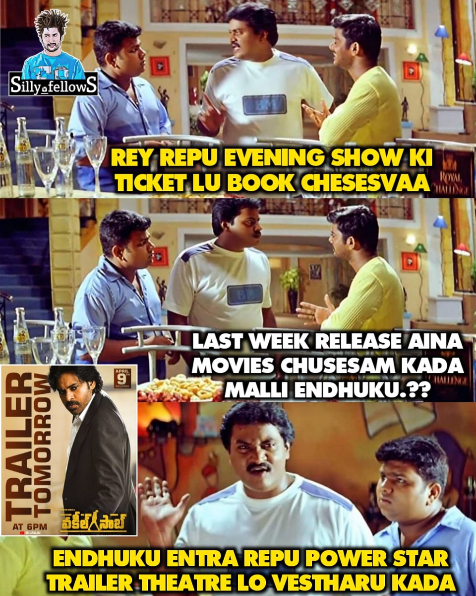 Silly_fellowS's tweet photo. Repu Theatres lo YouTube lo Racha Racha ee

#VakeelSaabTrailer releasing tomorrow at 🕕 6 PM

🌠 @PawanKalyan #SriramVenu @shrutihaasan @SVC_official @i_nivethathomas @MusicThaman @yoursanjali @AnanyaNagalla @bayviewprojoffl @adityamusic https://t.co/xIGLvROklS