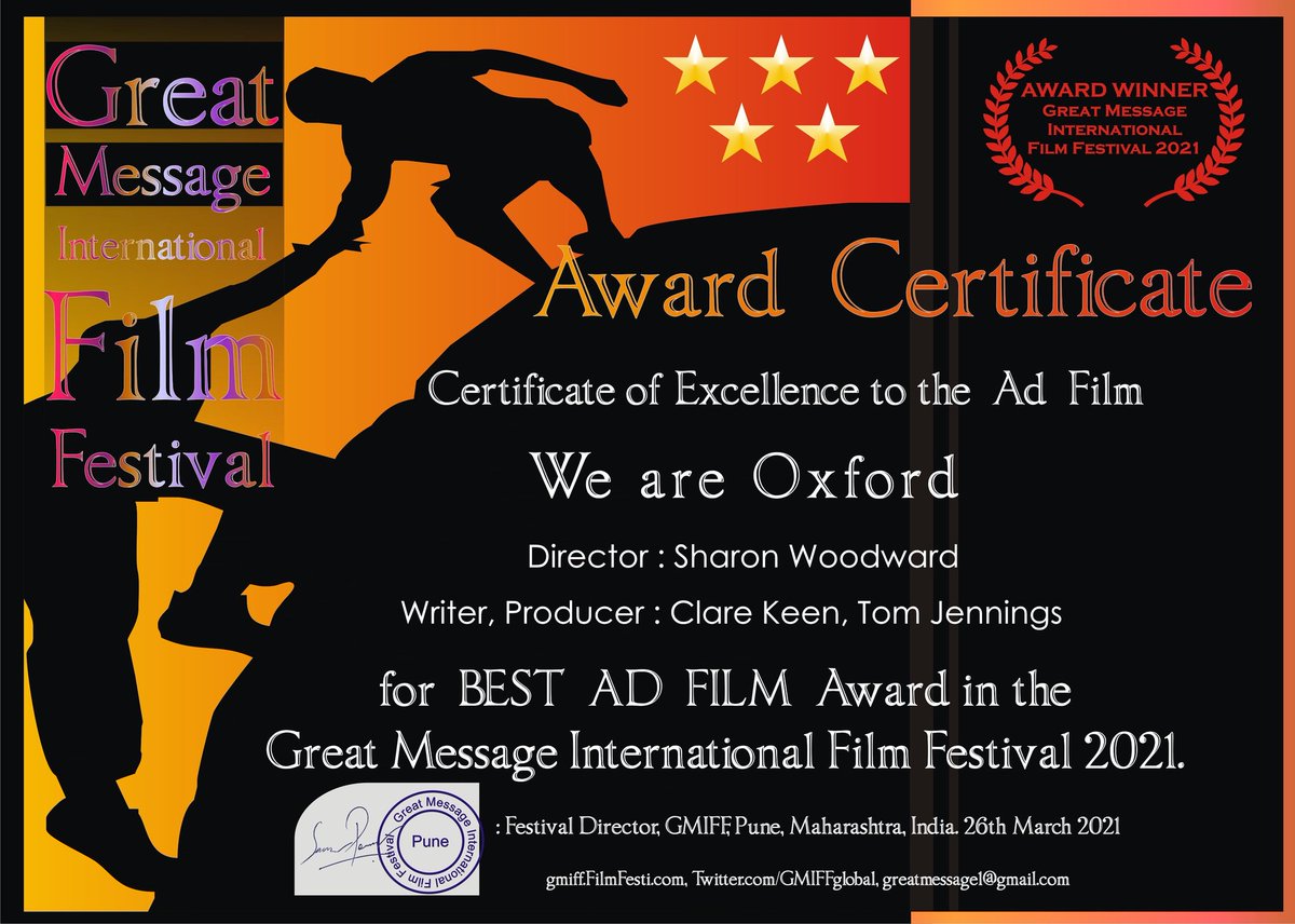 SharonWoodward's tweet photo. So delighted to pick up our 3rd award for We Are Oxford WINNER #GMIFF https://t.co/TZAvfNJk2S