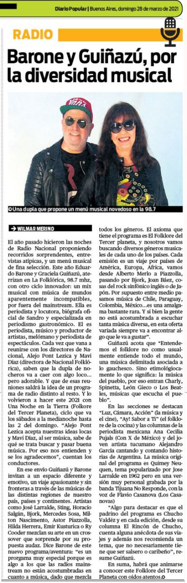 Mirá <a href="/lic_edubarone/">lic.eduardobarone</a> hoy salimos en el diario!!!Muchas gracias <a href="/merinowilmar/">Wilmar Merino</a> por esta bonita y tan generosa nota en Diario Popular!!!
#UnaNocheenlaTierra un programa de <a href="/FolkloricaFM987/">Radio Nacional Folklórica FM 98.7</a> hecho con amooor y Feliz domingo para tod@s!!!