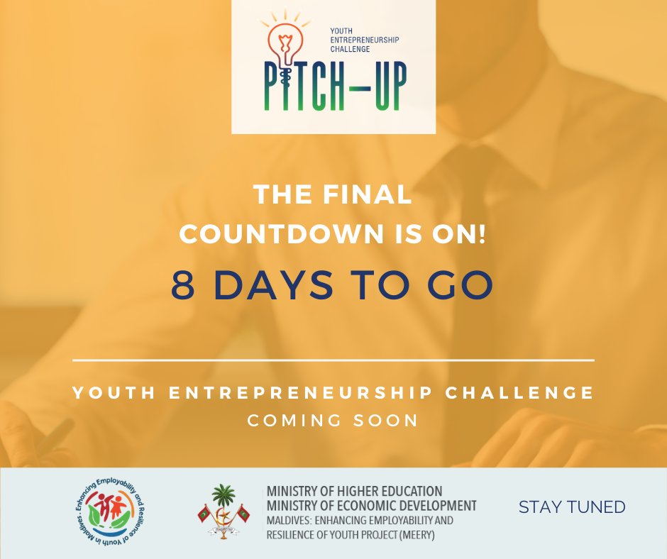 MEERYProject's tweet photo. The Final Countdown Is On!
8 days more for “PITCH-UP: Youth Entrepreneurship Challenge”
#pitchup #youthentrepreneurshipchallenge
#comingsoon
#beyourownboss #businesspitchcompetition
#meeryproject #buildingresilience #staytuned https://t.co/3it5CLqNXz