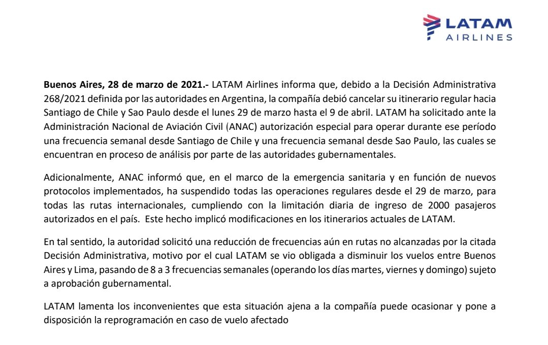 norbertodupesso's tweet photo. LATAM Airlines en un comunicado enviado hace minutos, reconoce que la ANAC  "solicitó una reducción de frecuencias aún no alcanzadas por la Decisión Administrativa 268/2021👇, motivo por la cual LATAM se vio obligada a disminuir vuelos entre Buenos Aires y Lima... https://t.co/xJKWxRJaVX