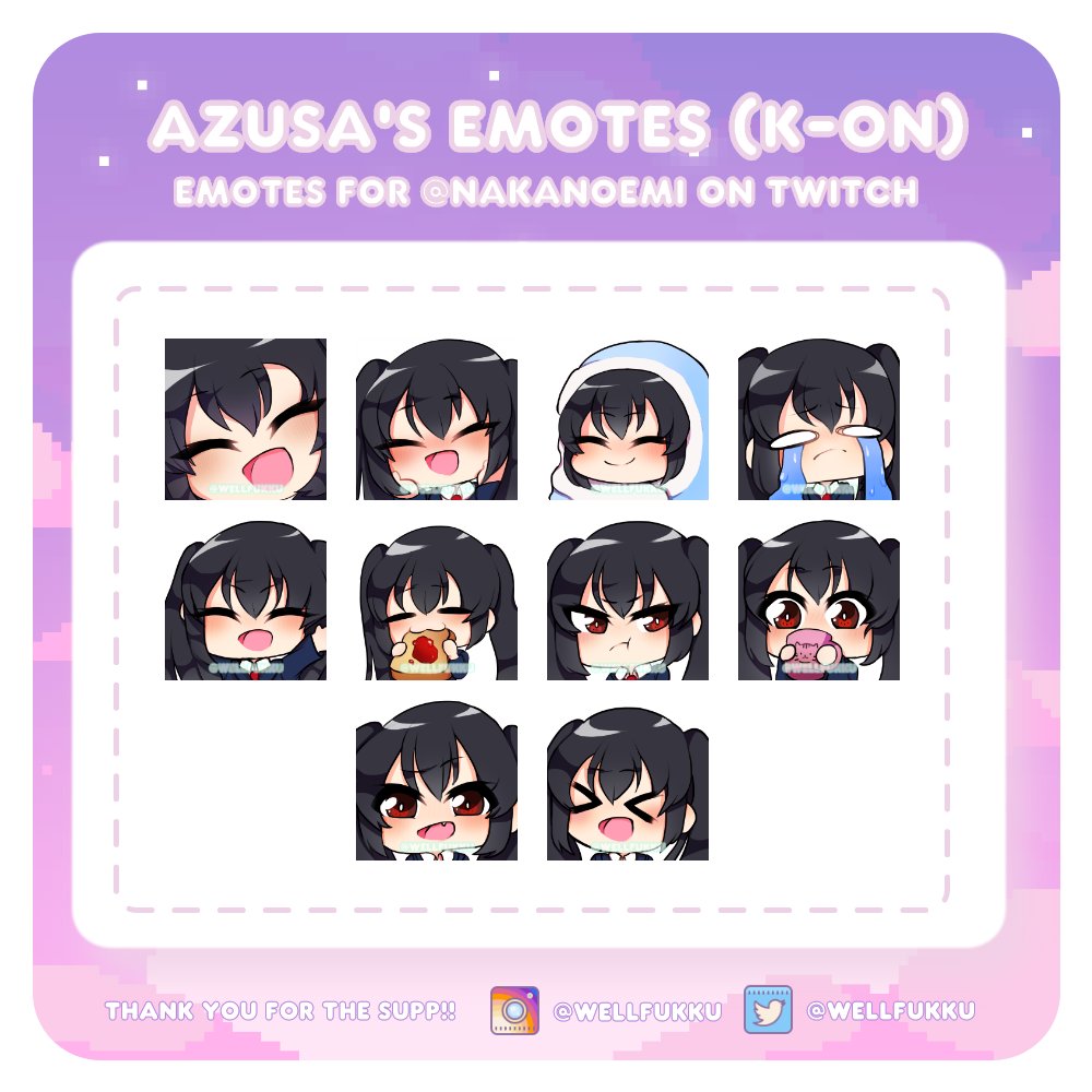 wellfuwu's tweet photo. Azusa as emotes looks so cute 🥺 This is one of the commissions that I ended this month, it was really fun to do! Please go follow @NakanoEmily ; now the owner of these adorable set of emotes ✨#commissions #commissionsopen #emotes #openscommissions #twitchemotes https://t.co/Vo46YB1OTk