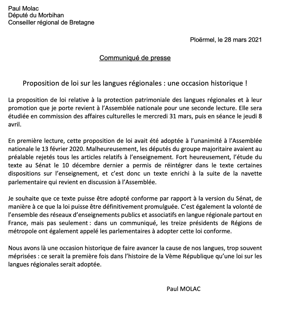 Paul_Molac's tweet photo. Pour la première fois dans l'histoire de la Vè République, nous avons l'occasion d'adopter définitivement une loi sur les #languesrégionales si cette dernière est votée conforme à l'@AssembleeNat le 8 avril. C'est une occasion historique pour nos langues ! #NosLanguesNosVies https://t.co/cc0bZw3lhL