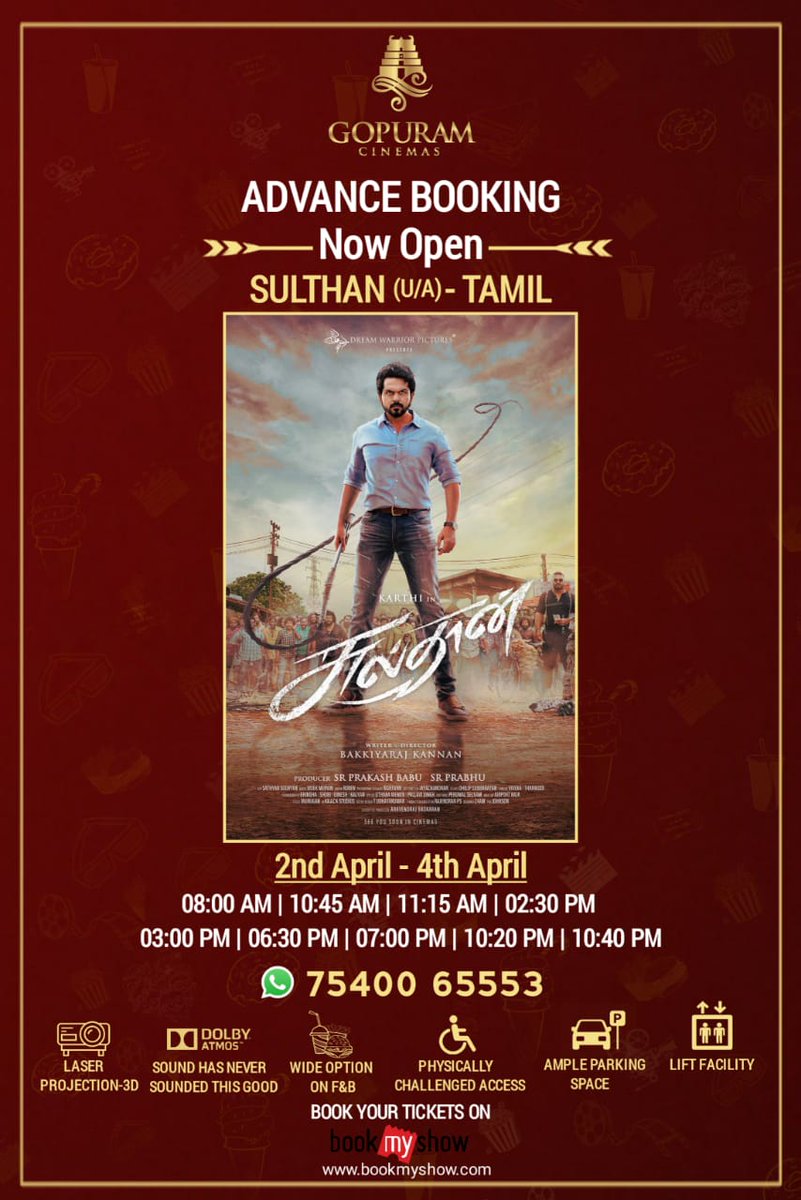 MADURAI_CINEMAS's tweet photo. #Sulthan Advance Bookings are Now Live.

Book ur tickets @bookmyshow 

#SulthanFromApril2 #Karthi #Rashmika #SulthanMakingVideo #Madurai https://t.co/iPmSPjpt93