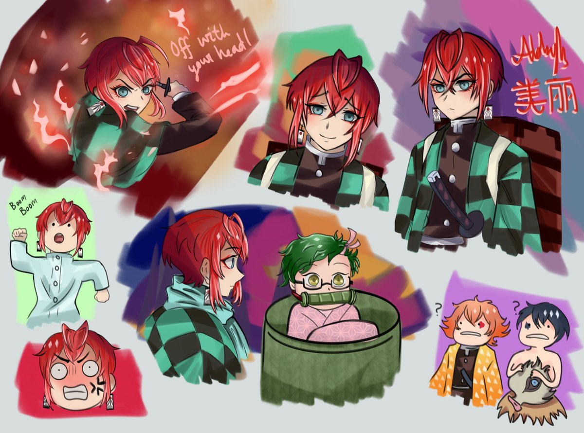 Riddle Rosehearts x Tanjiro Kamado With Deuce, Ace, and Trey