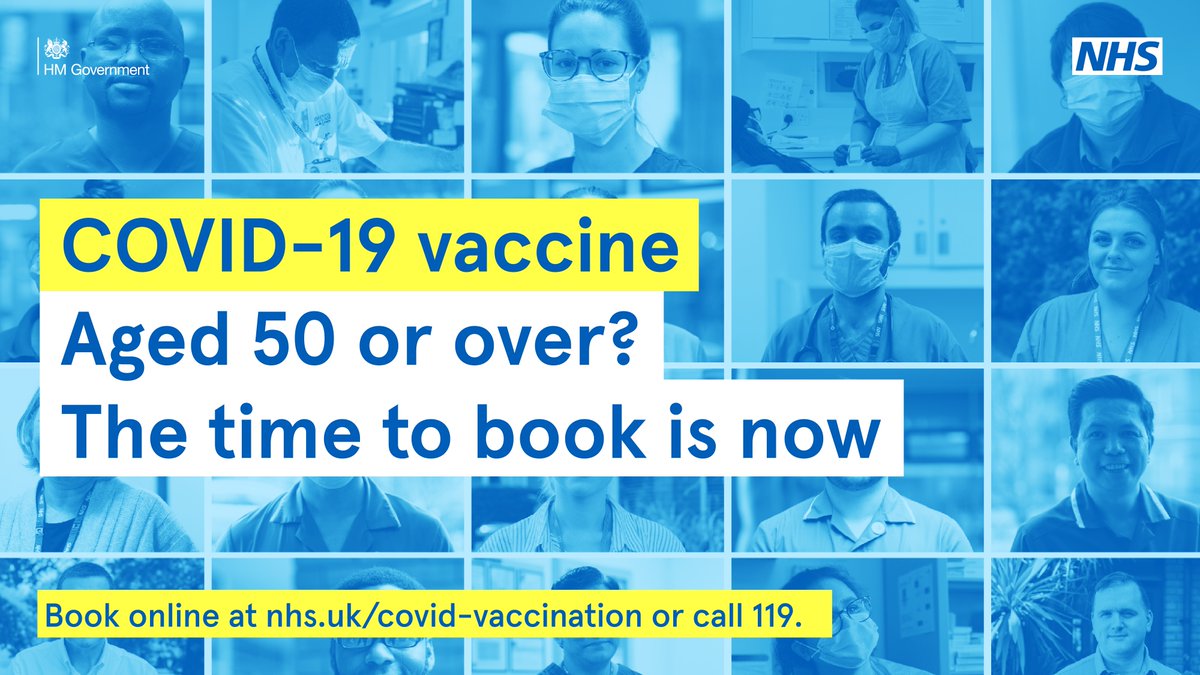 If you're aged 50 or over, you can book your Covid-19 vaccination. Book online at nhs.uk/covid-vaccinat… or call 119.