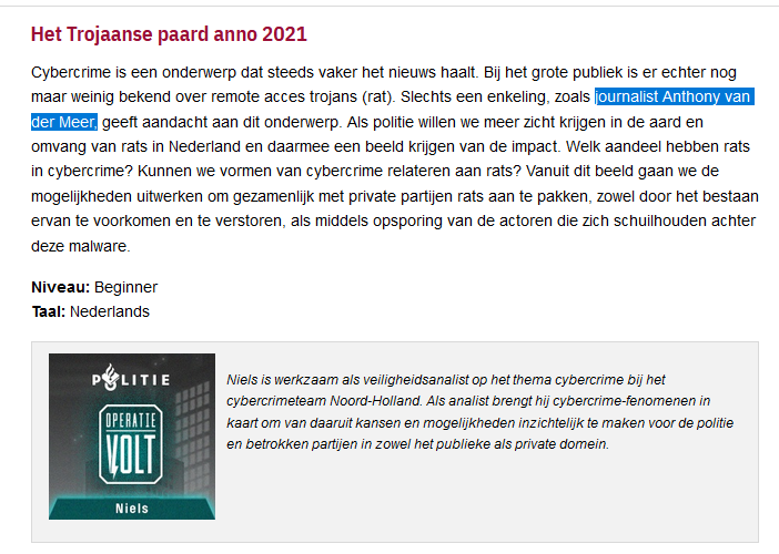 Goed om te zien dat de Nederlandse Politie speciale aandacht besteed aan Remote Acces Trojans! Gisteren was het zelfs een van de onderwerpen bij #operatievolt. En natuurlijk altijd leuk om genoemd te worden.

Rats and slaves: youtube.com/watch?v=BGsw_l…