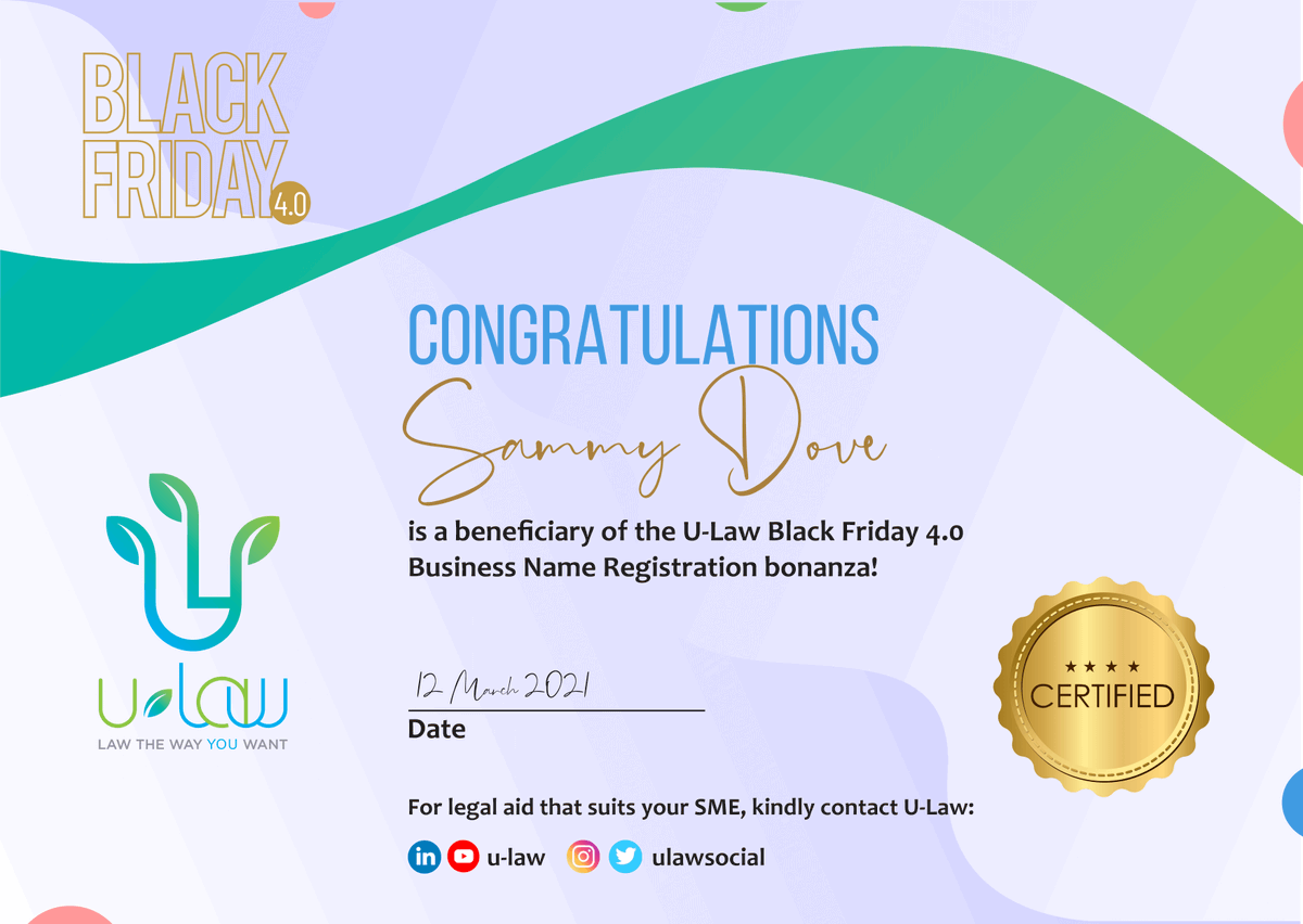 FOLOSeun's tweet photo. Thanks, @ULawsocial for making this happen. You have made the take-off of #SammyDove a reality through the FREE business registration. Deeply appreciated https://t.co/3A8r1Tra1k