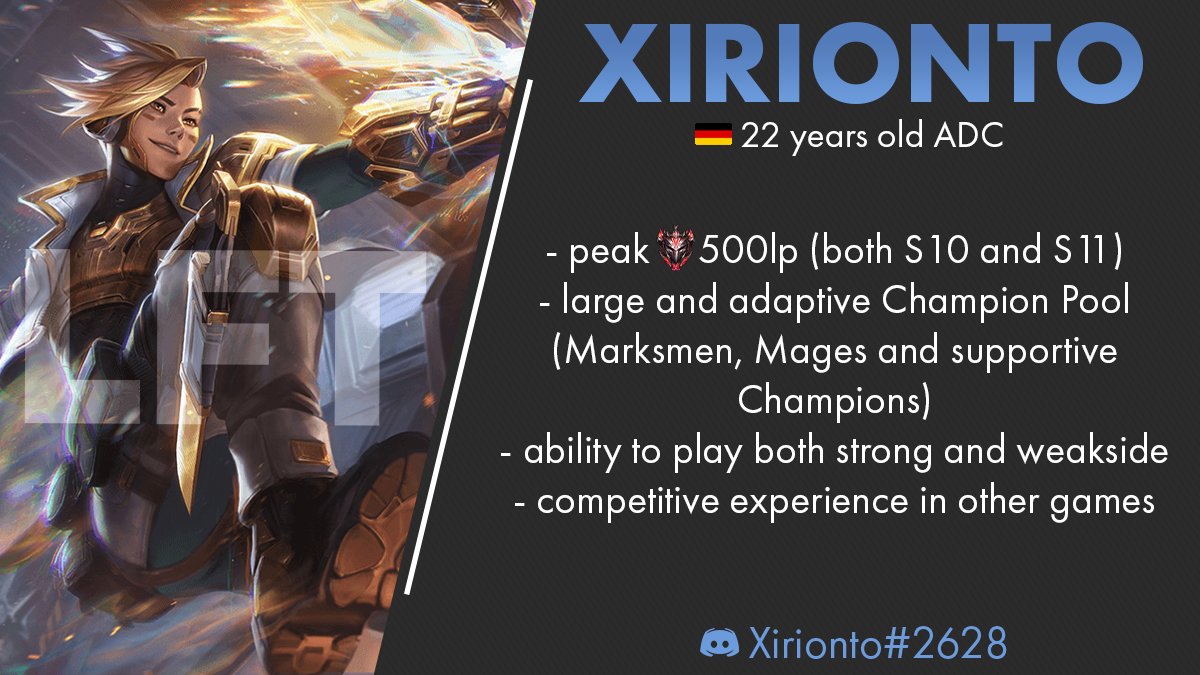 Since my split with <a href="/MTWStPauli/">MTW St. Pauli</a> is over, I have been allowed to explore options.

I am open to all offers and opportunities. (prefer Primeleague Div 2+)

lolpros.gg/player/xirionto

Likes and retweets appreciated.