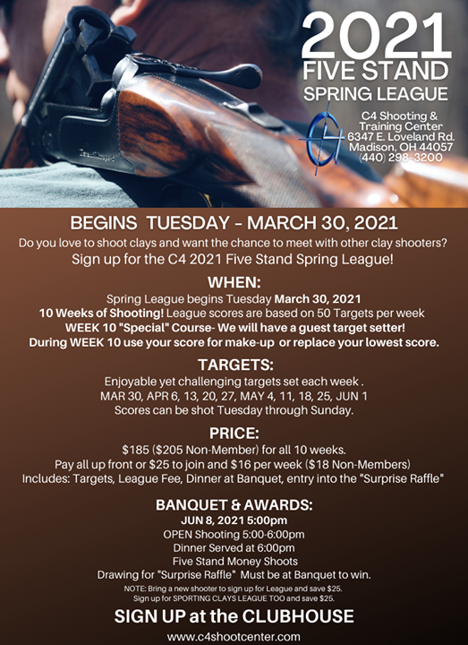 c4_center's tweet photo. Spring has sprung and so have Spring Clay Target Leagues at C4! Pick your favorite or shoot all of them!
Beginner shooters are always welcome to learn and grow their skills at Leagues.
Mark your calendars now for the Banquet on June 8, 2021! We will be having a Surprise Raffle!ht https://t.co/mz5w7qNE6i