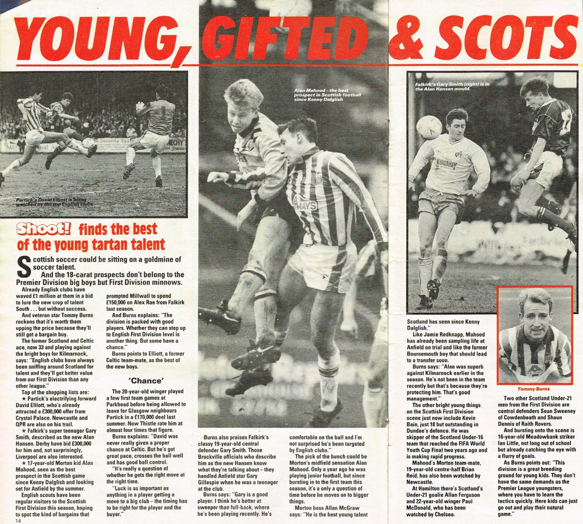 ScotsFootyCards's tweet photo. Young, Gifted & Scots #Shoot! finds the best of the young tartan talent #DavidElliott #PartickThiste | #GarySmith #Falkirk | #AlanMahood #Morton | #SeanSweeney #Cowdenbeath | #ShaunDennis #RaithRovers | #AllanFerguson #HamiltonAccies #Shoot! 1991-03-30 https://t.co/LvD6OiInBi