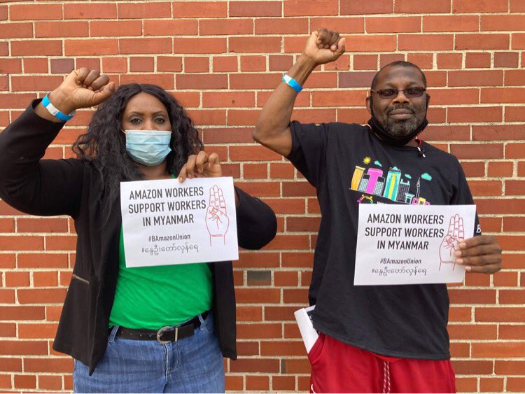 Amazon workers in the US organizing their union send solidarity back to Myanmar workers fighting for democracy against the military dictatorship. 

Workers all over the world must stand united! 

#1u #WhatsHappeninglnMyanmar #AmazonUnions