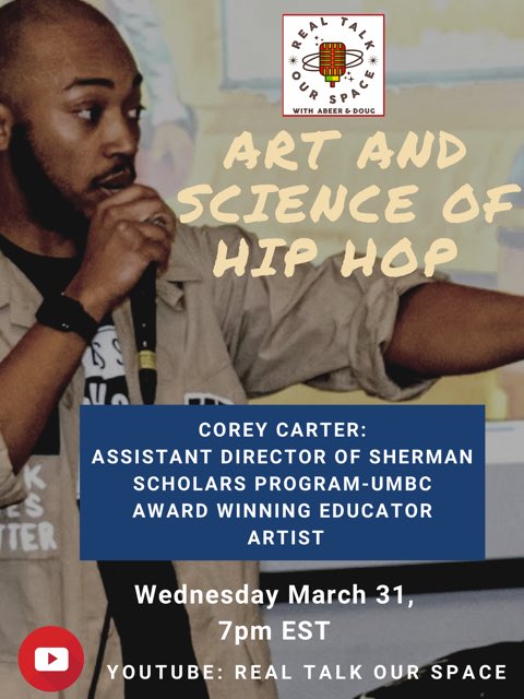 RealTalkOurSpa1's tweet photo. 3 reasons to tune in on Mar. 31 at 7pm EST
1. Our guest will be artist and award-winning educator (and producer of our theme music) @mrcarterteach 
2. It’s our hip hop episode for this month. 
3. It’s our last live broadcast until June 2021. https://t.co/bupMpa76i3 https://t.co/9gBjL2YNOp