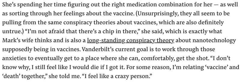 "I’m not afraid that there’s a chip in [the coronavirus vaccine],” she said, which is exactly what Mark’s wife thinks," who "is completely unwilling to get [the vaccine]."  https://www.buzzfeednews.com/article/scaachikoul/qanon-believers-turning-away-from-trump