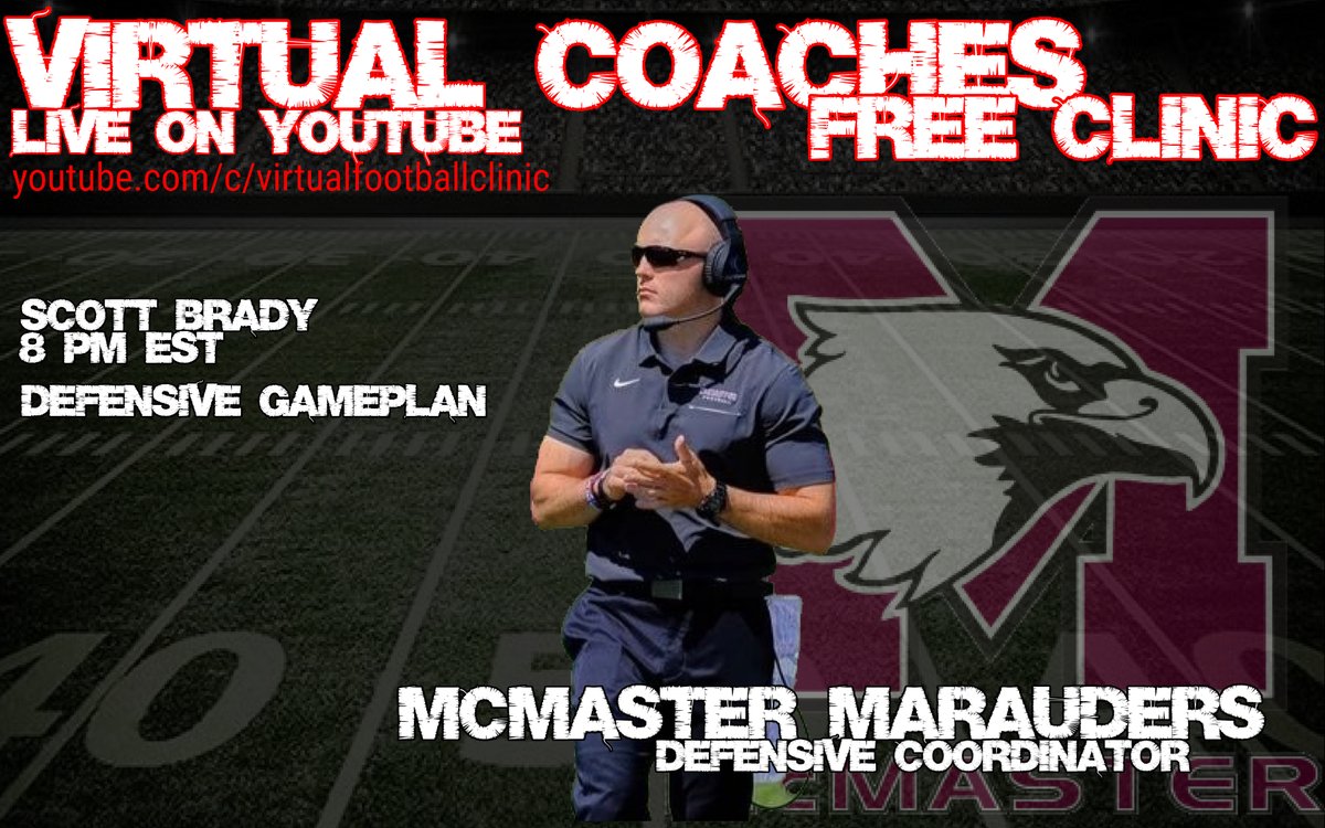 Later tonight, @CoachSBrady from @McMasterSports and @Mitch_Militello from @Vol_Football will be there!

youtube.com/channel/UCL9Pf…
@CoachCharbs 

#CoachingClinic #FootballClinic #VirtuaFootballClinic