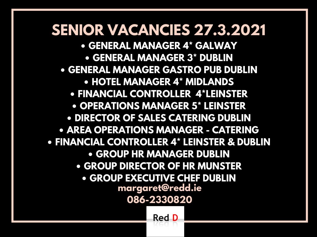 Fantastic senior opportunities:
Call Margaret 086-2330820 / email jobs@redd.ie
#hospitality #hotelmanager #gm #executivechef #headchef #workplacecatering #hr #hotels #hiring #jobs #recruiting #redd #reddjobs #ireland #irishjobs #irishjobfairy