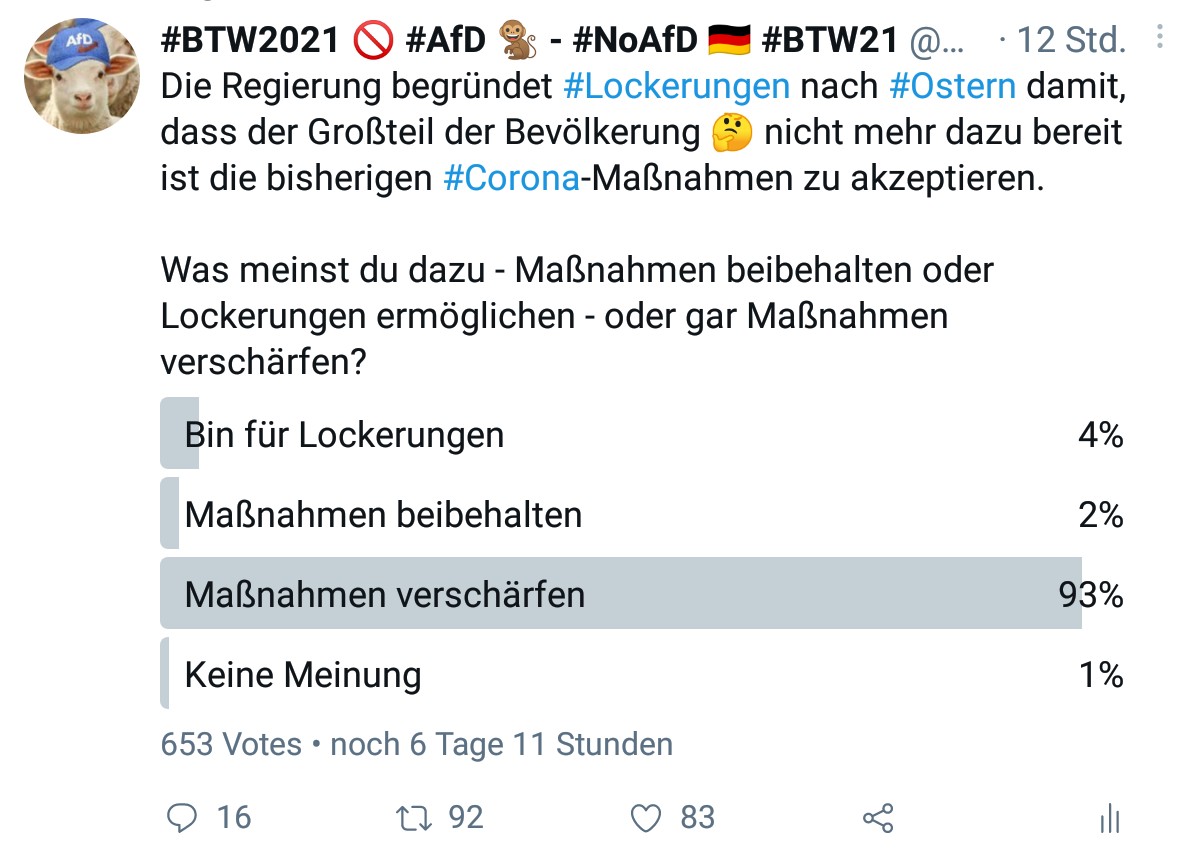 NoAFD_BTW33's tweet photo. Sehr geehrte Politiker, ich möchte Sie auf die untenstehende Umfrage zu den angedachten #Lockerungen nach Ostern hinweisen. Nach knapp 12 Stunden haben wir diesen Stand 👇🤔
@RegSprecher @jensspahn @OlafScholz @Markus_Soeder @HBraun @peteraltmaier @hubertus_heil
@Karl_Lauterbach https://t.co/Stno4IRT4E