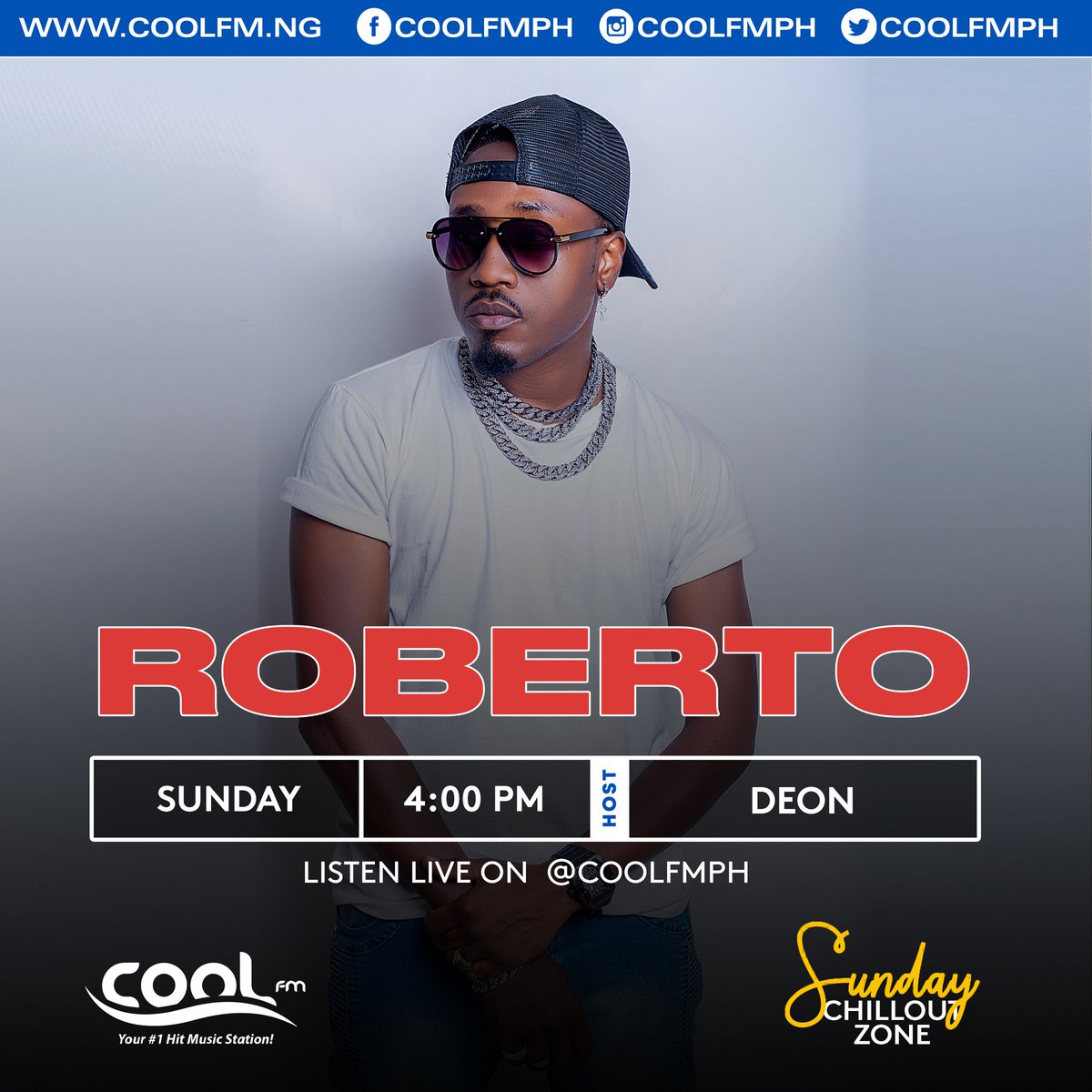 COOL FM (@coolfmph) on Twitter photo This week's episode of #BestOfAfrica features
<a href="/RobertoZambia/">SUPERSTAR ROBERTO</a>
All the way from Southern Africa.
You don't want to miss this.
4:00PM
#SundayChillout Zone with <a href="/Deon_469/">Deon Sowobi</a> on your
#1 Hit Music Station!
.
#CoolFMPH This week's episode of #BestOfAfrica features
<a href="/RobertoZambia/">SUPERSTAR ROBERTO</a>
All the way from Southern Africa.
You don't want to miss this.
4:00PM
#SundayChillout Zone with <a href="/Deon_469/">Deon Sowobi</a> on your
#1 Hit Music Station!
.
#CoolFMPH