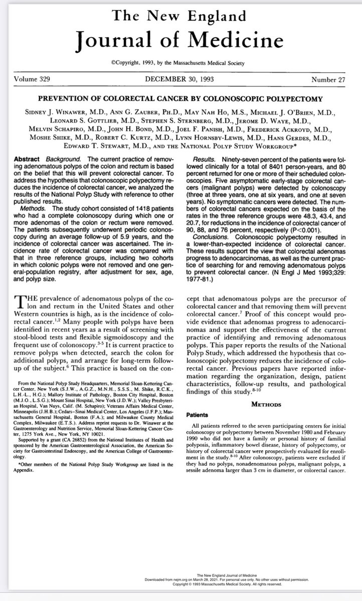 AmCollegeGastro's tweet image. ‼️ A reminder by @drjerber This foundational NEJM paper by Winawer, et al. is the whole reason we do what we do for #ColorectalCancerPrevention! #Colonoscopy &amp;amp; #Polypectomy disrupts the natural history of #ColorectalCancer and the rest is history!
#ColorectalCancerAwarenessMonth