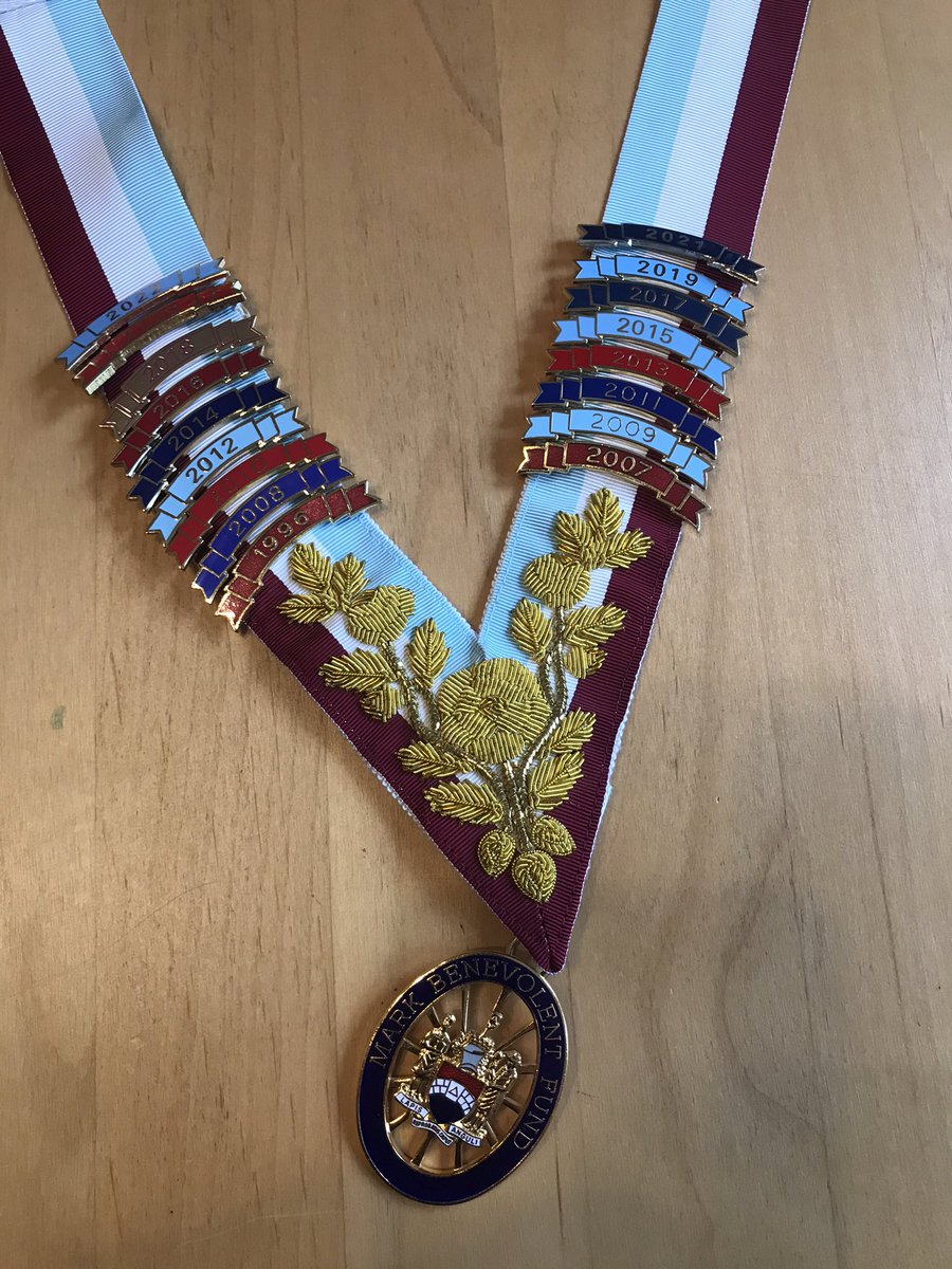 Prestonian2012's tweet photo. Added my latest Steward bar, for @SurreyMMM 2022 Festival, to my @MarkMasonsHall M.B.F. collarette (its the one on the top left). What do i do when i run out of space? https://t.co/kZ222gCyDZ