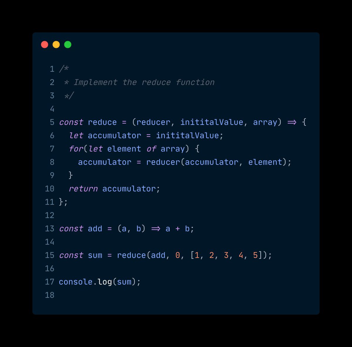 rakshithbellare's tweet image. implementation of javascript array reduce function #javascript #functionalJS
